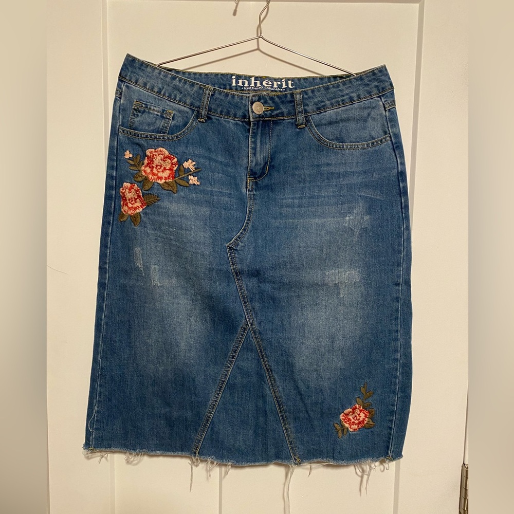 Inherit Clothing Company Embroidered Denim Midi Skirt